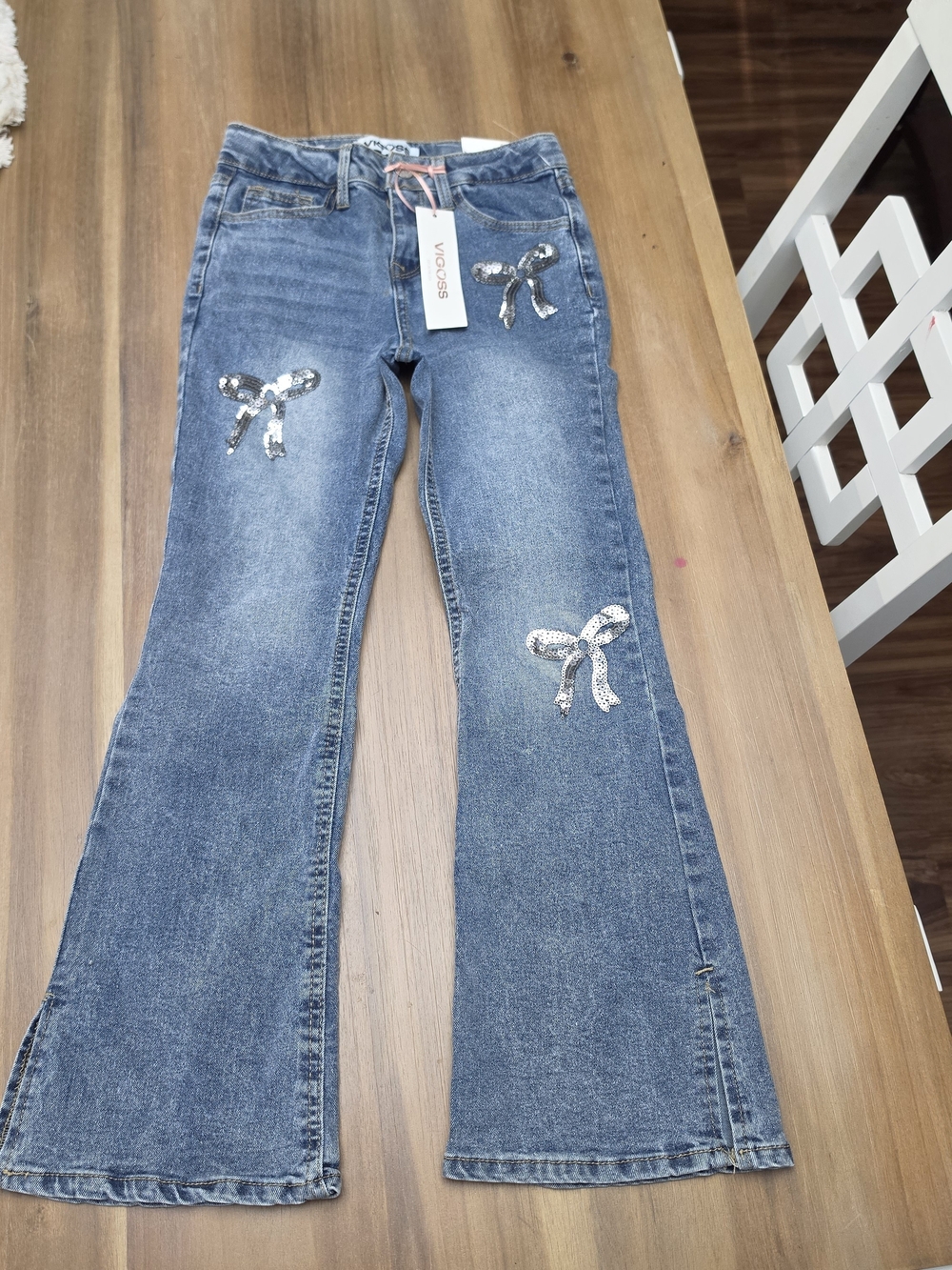 Kids Vigoss Blue Flare Jeans with Silver Sequin Bows Size 10